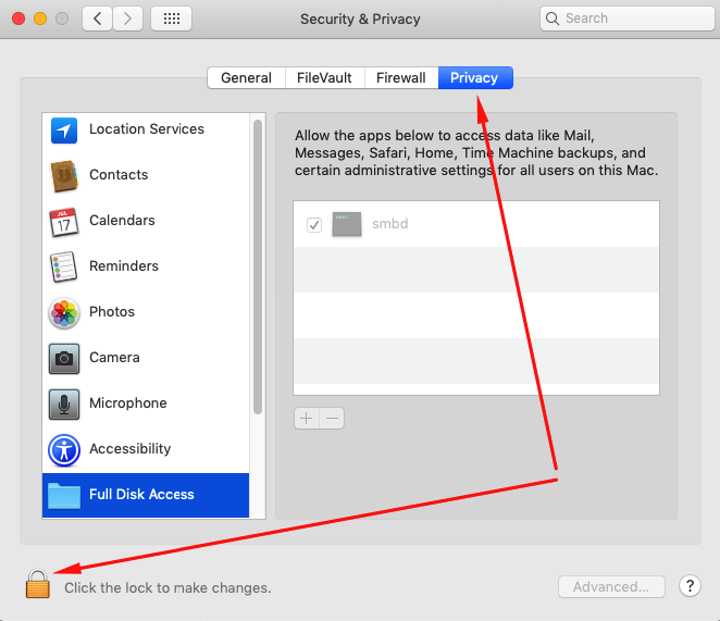 Privacy tab - Full Disk Access