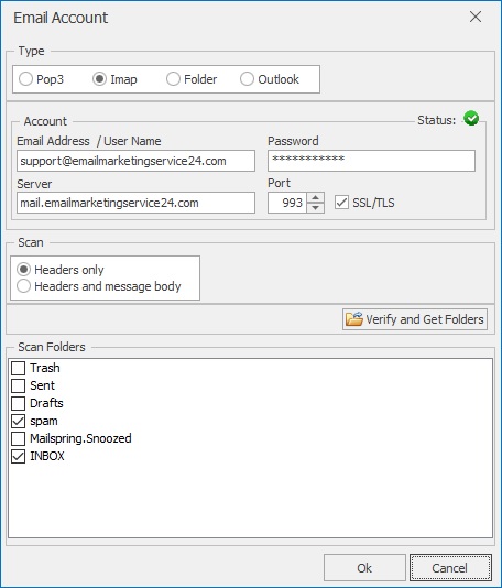 Email Extractor POP/IMAP account settings