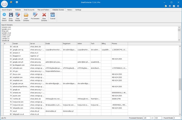 Email Extractor screenshot — WHOIS contact extraction from domain records