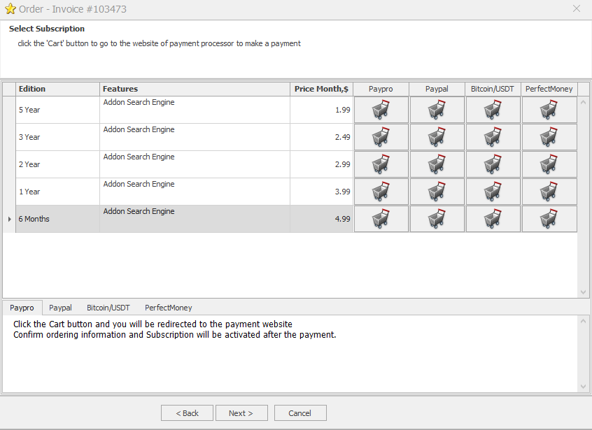 Email Search Engine Subscription Payment