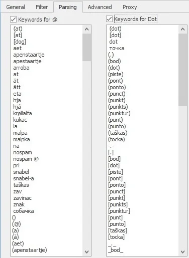 Вкладка Parsing