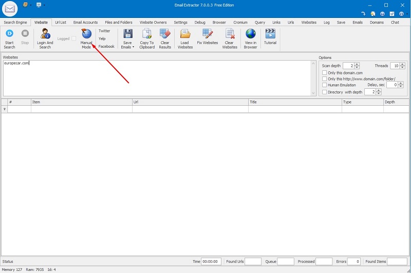 Enter website URL for manual email extraction